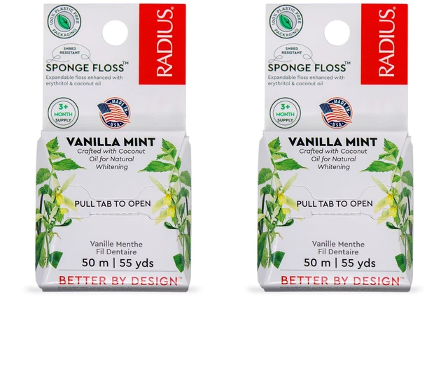 Main image of RADIUS Vegan Sponge Floss, PFAS Free, Plastic Free Packaging, 50m/55yd, Vanilla Mint, Pack of 2