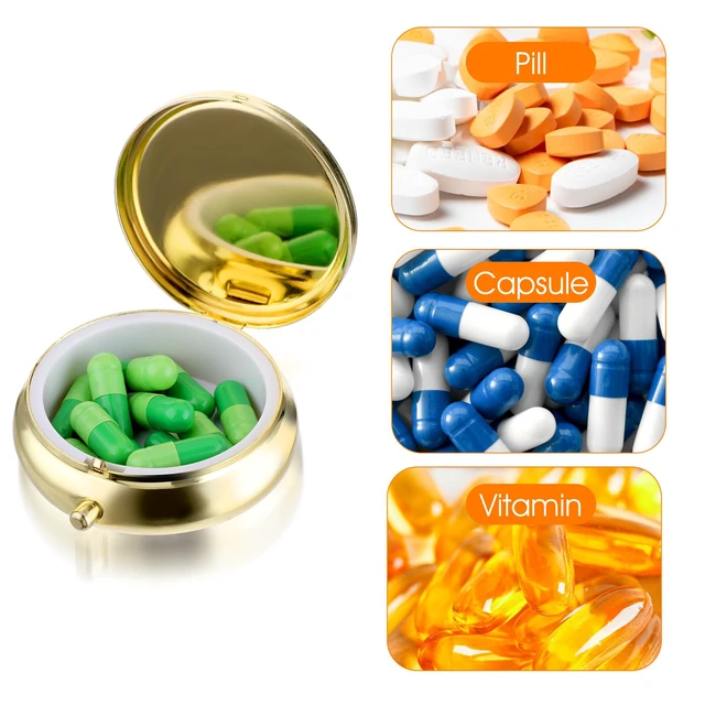 Alt view image 2 of 6 - WLLHYF Small Travel Pill Box - Waterproof Metal Medicine Organizer & Pill Case for Purse Pocket, Vitamins, Fish Oil, Supplements (Gold)