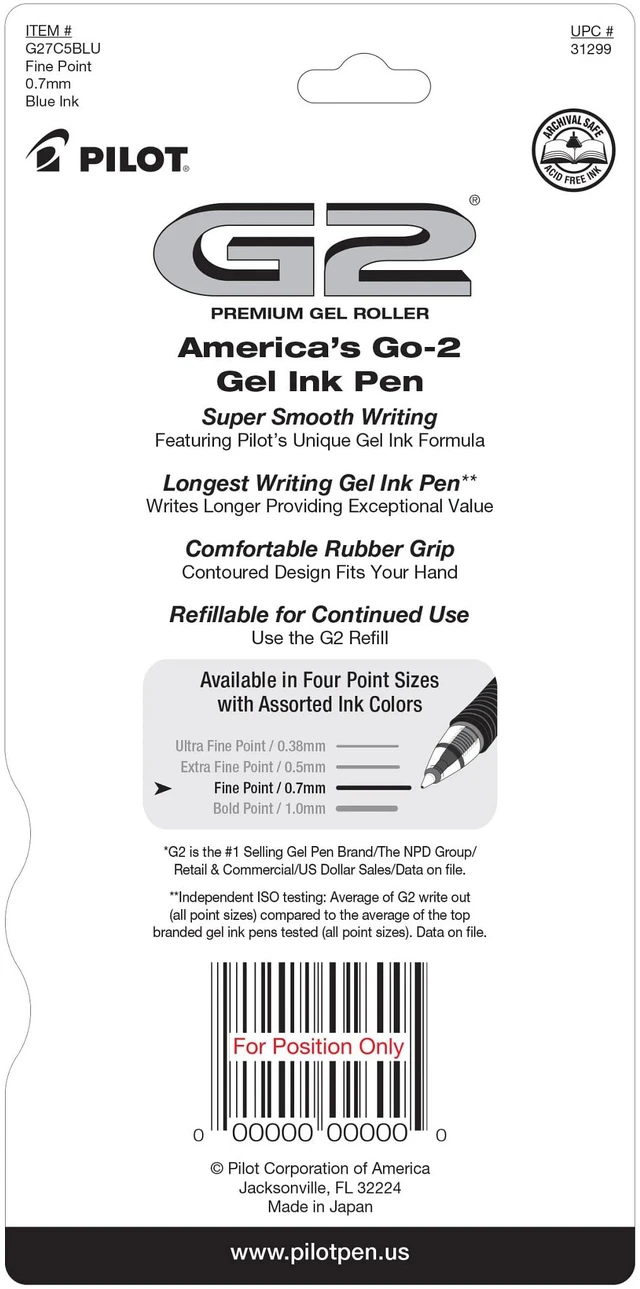 Alt view image 2 of 6 - PILOT G2 Premium Gel Roller Pens, Blue Ink, Fine Point, 5-Pack