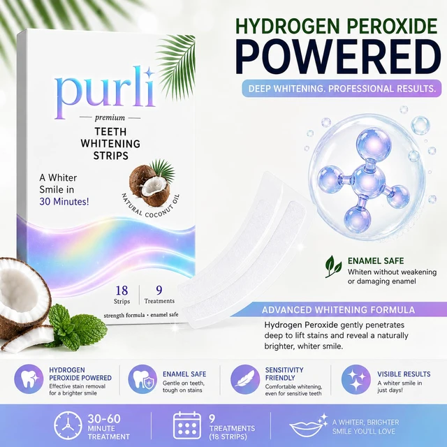 Alt view image 6 of 6 - Purli Professional Teeth Whitening Strips 9-Day Treatment, Natural Coconut Oil, for Sensitive People, Gum & Enamel Safe, Dry Strip, Professional Effects