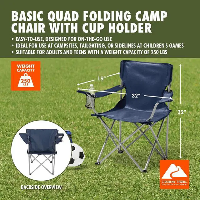 Alt view image 6 of 6 - Ozark Trail Quad Folding Camp Chair with Cup Holder, Dark Blue Portable Outdoor Camping Chair