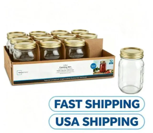 Main image of Mainstays 16 oz Mason Jars, Regular Mouth Pint Canning Jars with Lids and Rings, 12-Pack Glass Jars for Home Canning and Meal Prep