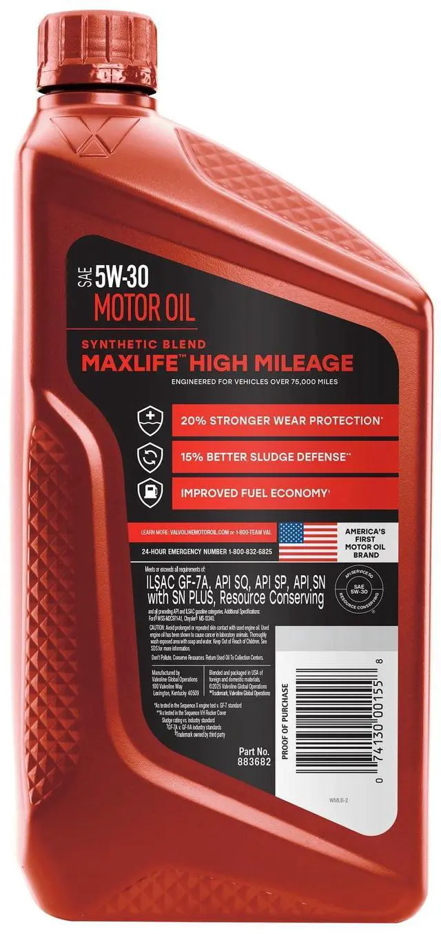 Alt view image 4 of 6 - Valvoline MaxLife High Mileage 5W30 Synthetic Blend Motor Oil, 1 Quart, Engine Oil for High Mileage Vehicles