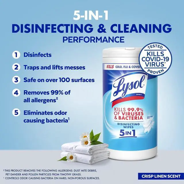 Alt view image 5 of 6 - Lysol Disinfecting Wipes, MultiSurface Antibacterial All Purpose Cleaner Wipes, Crisp Linen Scent, 80 Count, Household Sanitizing Cleaning Supplies