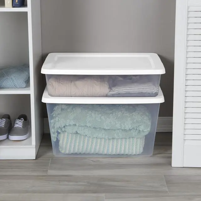 Alt view image 5 of 6 - Sterilite 28 Quart Clear Plastic Storage Bin, Stackable Storage Container with SnapOn White Lid, Organizer Box for Home, Closet & Bedroom Storage