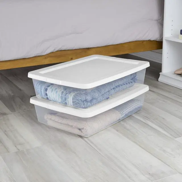 Alt view image 6 of 6 - Sterilite 28 Quart Clear Plastic Storage Bin, Stackable Storage Container with SnapOn White Lid, Organizer Box for Home, Closet & Bedroom Storage