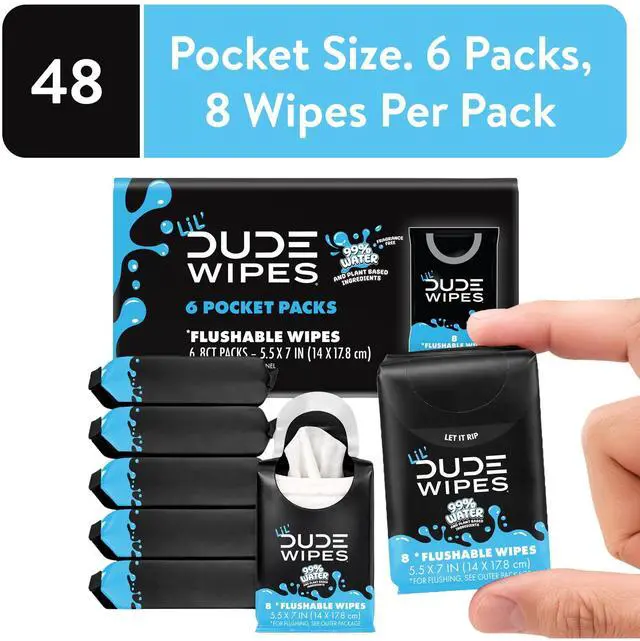 Main image of LiL' DUDE Pocket Packs Flushable Wipes, Extra Large FragranceFree Wet Wipes, 8 Wipes Per Pack, 6Pack Portable Personal Cleansing Wipes
