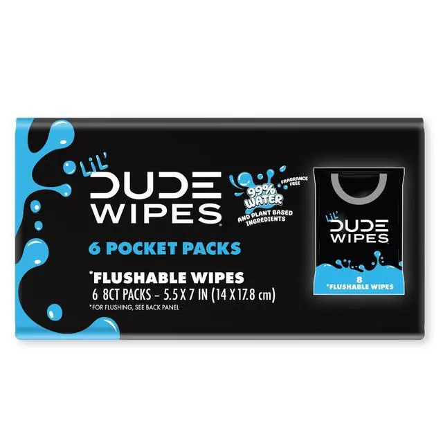 Alt view image 5 of 6 - LiL' DUDE Pocket Packs Flushable Wipes, Extra Large FragranceFree Wet Wipes, 8 Wipes Per Pack, 6Pack Portable Personal Cleansing Wipes