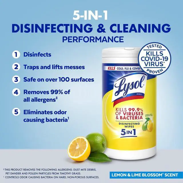 Alt view image 6 of 6 - Lysol Disinfecting Wipes, MultiSurface Antibacterial All Purpose Cleaner Wipes, Lemon & Lime Blossom Scent, 80 Count, Household Sanitizing Cleaning Supplies