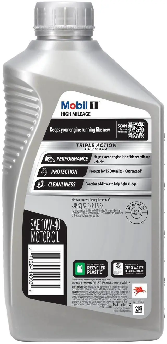 Alt view image 3 of 6 - Mobil 1 High Mileage Full Synthetic Motor Oil 10W40, 1 Quart, Advanced FullSynthetic Engine Oil for High Mileage Vehicles