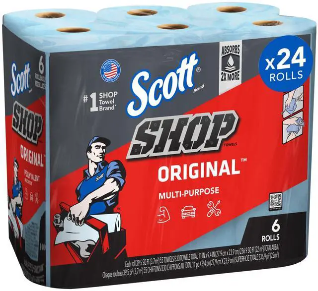 Main image of Scott Shop Towels, Heavy Duty MultiPurpose Cleaning Towels, 6 Rolls, 55 Sheets Per Roll