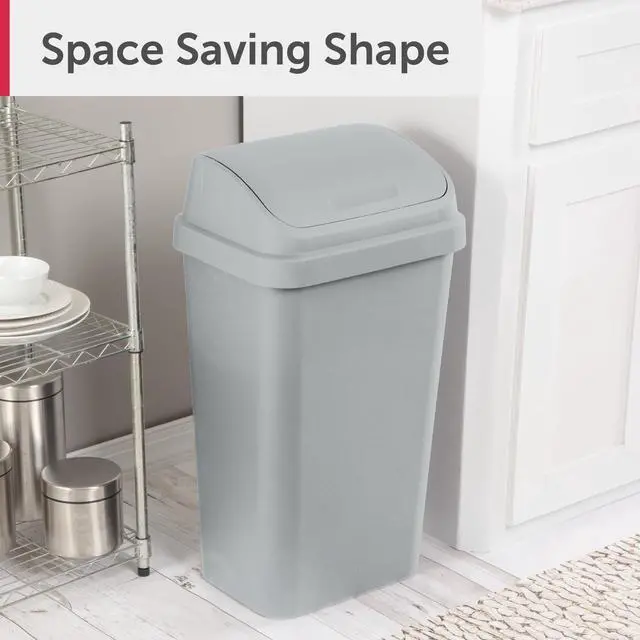 Main image of Sterilite 13 Gallon Plastic Kitchen Trash Can, SwingTop Lid Waste Basket, OdorBlocking Garbage Bin, Light Gray