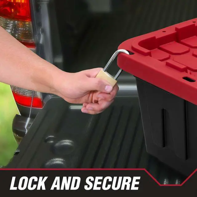 Alt view image 2 of 6 - Hyper Tough 27 Gallon HeavyDuty Plastic Storage Bin, Stackable Tote Container with Secure SnapOn Lid, Black Base & Red Lid