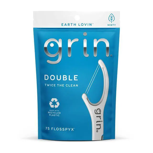 Alt view image 5 of 6 - GRIN Double Flosspyx Floss Picks, 2Line DualFloss Dental Flossers, Fresh Mint Flavor, RecycledPlastic Handle, 75Count