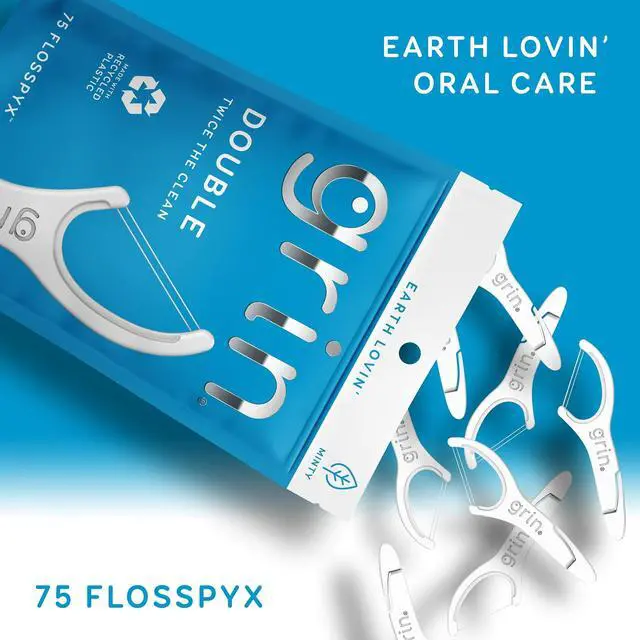 Alt view image 4 of 6 - GRIN Double Flosspyx Floss Picks, 2Line DualFloss Dental Flossers, Fresh Mint Flavor, RecycledPlastic Handle, 75Count