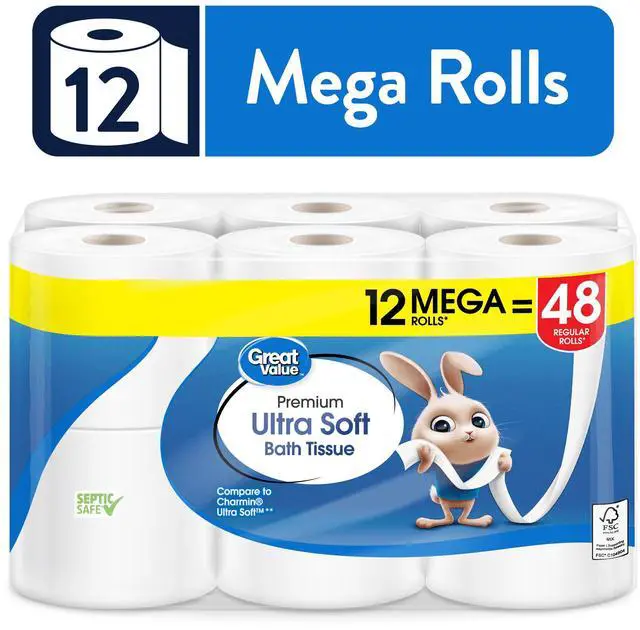 Main image of Great Value Ultra Soft Toilet Paper Bath Tissue, 12 Mega Rolls, SepticSafe 2Ply Bathroom Tissue, Compare to Charmin Ultra Soft