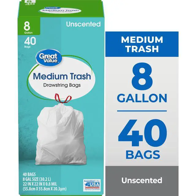 Alt view image 7 of 7 - Great Value Medium Drawstring Trash Bags, 8 Gallon, 40Count