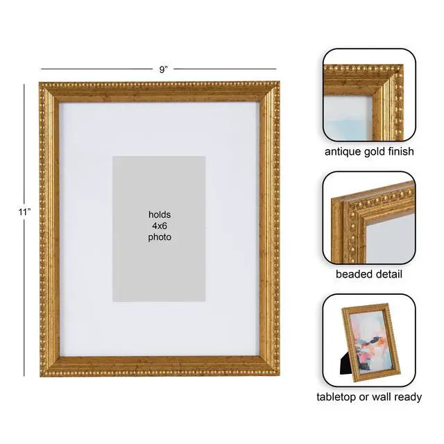 Alt view image 6 of 6 - DesignOvation Beaded Gold Decorative Tabletop Picture Frame, 8x10 Matted for 4x6