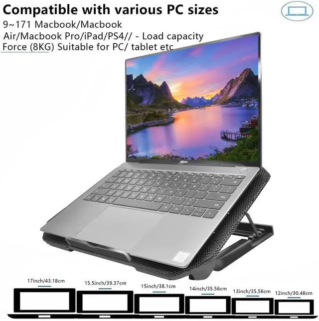Alt view image 6 of 7 - Laptop Cooling Pad, Cooler Pad Chill Mat 2 Quiet Fans LED Lights and 2 USB Ports 5 Height & with Adjustable Speed Mounts Metal Mesh Design, for 9"-17" Laptops(Black)