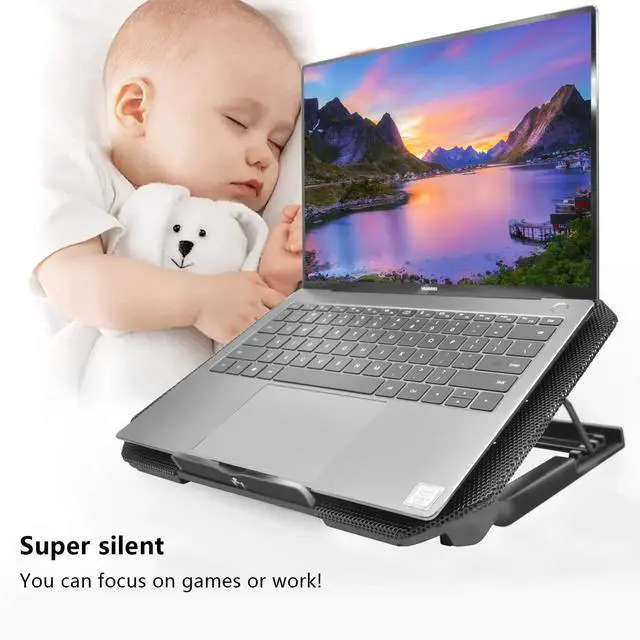 Alt view image 4 of 7 - Laptop Cooling Pad, Cooler Pad Chill Mat 2 Quiet Fans LED Lights and 2 USB Ports 5 Height & with Adjustable Speed Mounts Metal Mesh Design, for 9"-17" Laptops(Black)