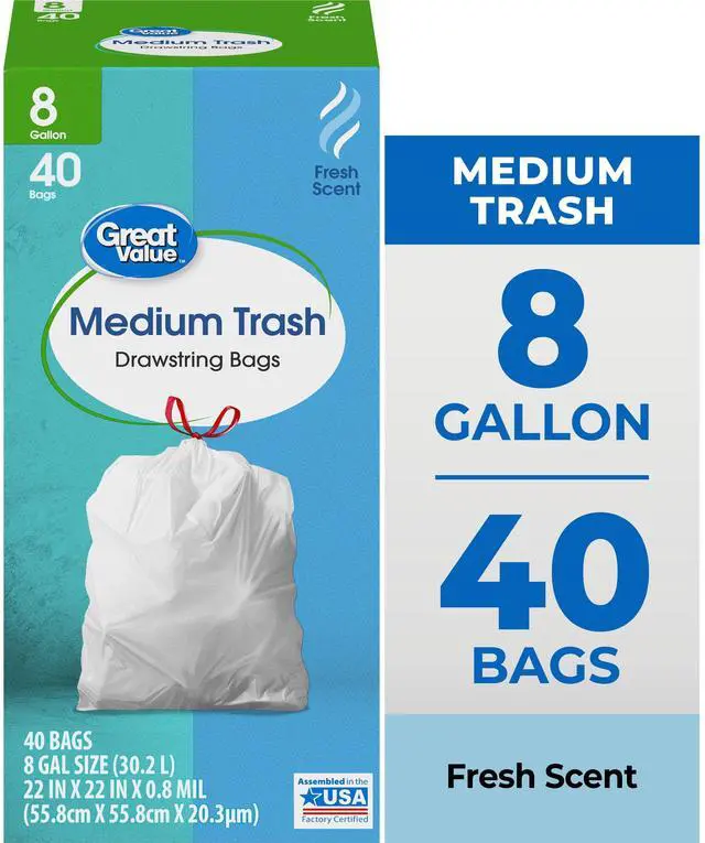 Main image of Great Value 8-Gallon Drawstring Trash Bags with Fresh Scent, 40 Count