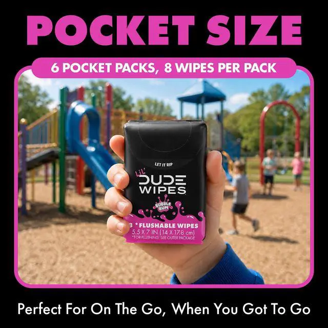 Alt view image 2 of 6 - LiL' DUDE Extra Large Bubble Bum Wet Wipes, Pocket Packs Flushable Wipes, Bubble Gum Scent, 8 Count, 6 Pack