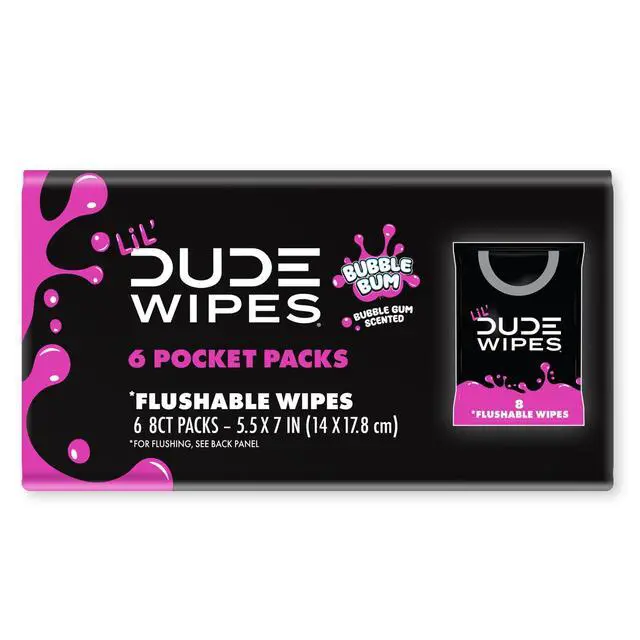 Alt view image 5 of 6 - LiL' DUDE Extra Large Bubble Bum Wet Wipes, Pocket Packs Flushable Wipes, Bubble Gum Scent, 8 Count, 6 Pack