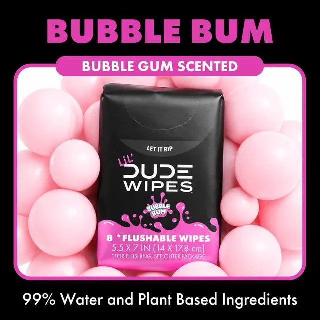 Alt view image 3 of 6 - LiL' DUDE Extra Large Bubble Bum Wet Wipes, Pocket Packs Flushable Wipes, Bubble Gum Scent, 8 Count, 6 Pack