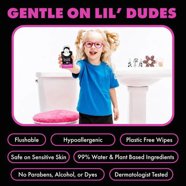 Alt view image 4 of 6 - LiL' DUDE Extra Large Bubble Bum Wet Wipes, Pocket Packs Flushable Wipes, Bubble Gum Scent, 8 Count, 6 Pack