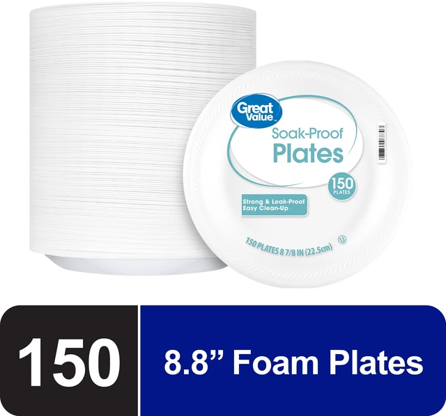 Main image of Great Value Soak-Proof Foam Plates, 9 in, White, 150 Count