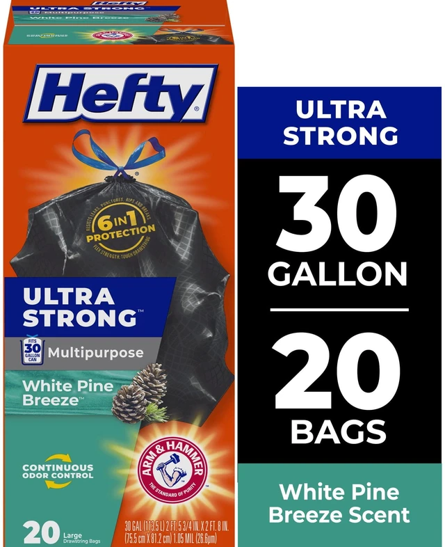 Main image of Hefty Ultra Strong 30 Gallon Black Large Trash Bags, White Pine Breeze Scent, 20 Bags