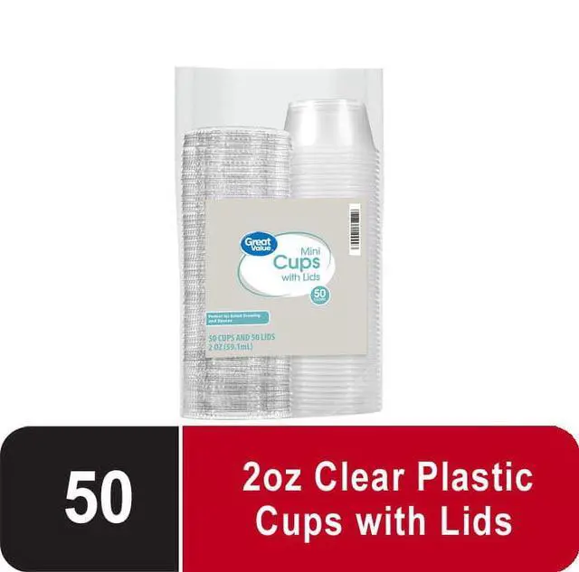 Main image of Great Value Clear Disposable Plastic Cups with Lids, 2 oz, 50 Count
