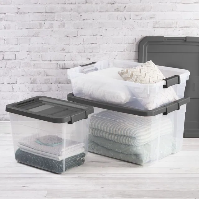 Alt view image 3 of 6 - Sterilite 40 Quart Medium Stackable Storage Bin, Clear Plastic Underbed Storage Container with Latch Lid, Dark Gray
