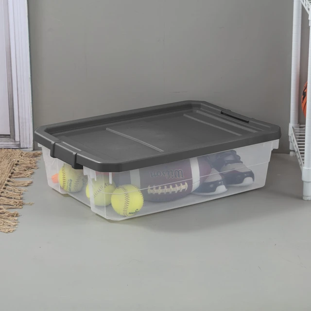 Alt view image 5 of 6 - Sterilite 40 Quart Medium Stackable Storage Bin, Clear Plastic Underbed Storage Container with Latch Lid, Dark Gray