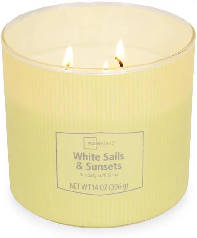 Main image of Mainstays 14 oz White Sails and Sunsets 3-Wick Textured Wrapped Candle