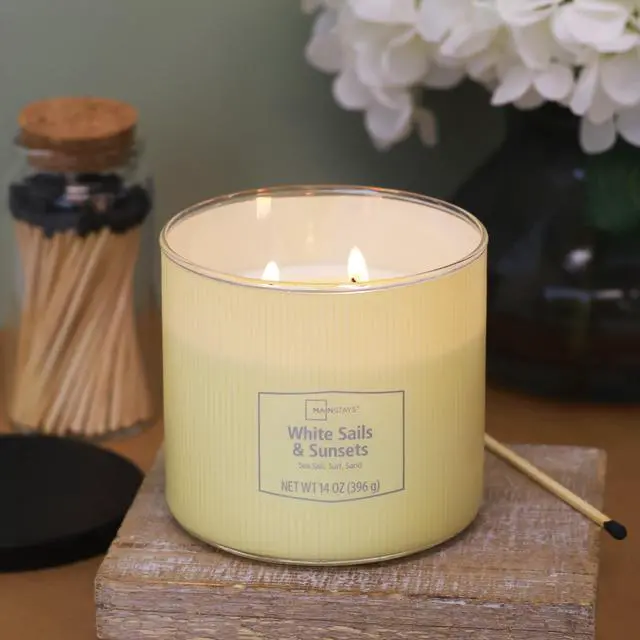 Alt view image 2 of 6 - Mainstays 14 oz White Sails and Sunsets 3-Wick Textured Wrapped Candle