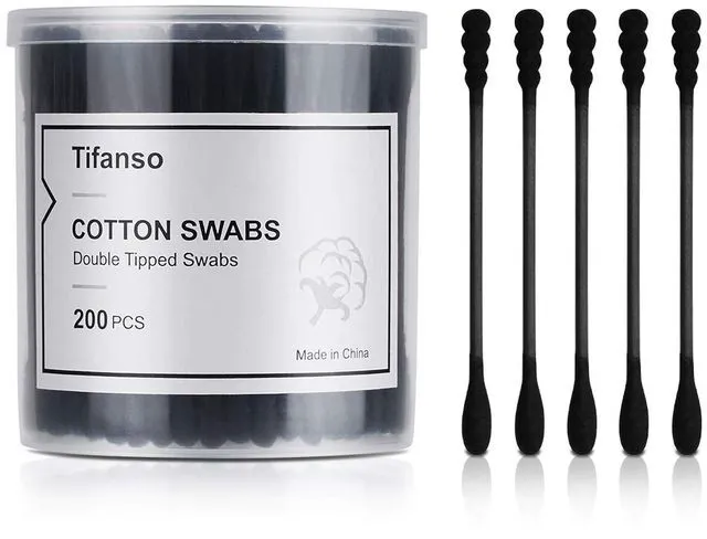 Main image of Tifanso 200 Count Black Double Tipped Cotton Swabs Hypoallergenic Natural