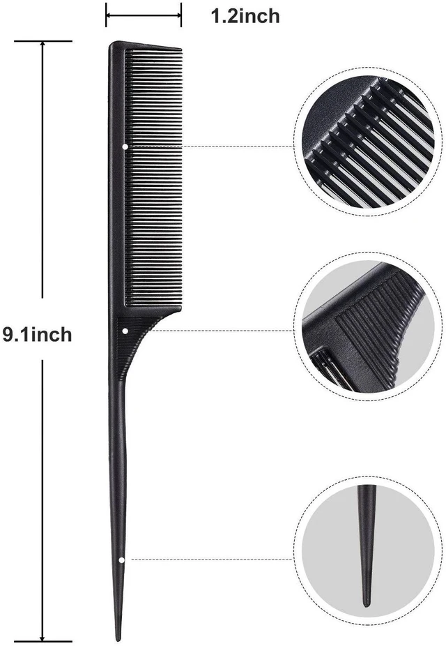 Alt view image 4 of 6 - Leinuosen 2 Pack Rat Tail Comb Fine Tooth Parting, Black