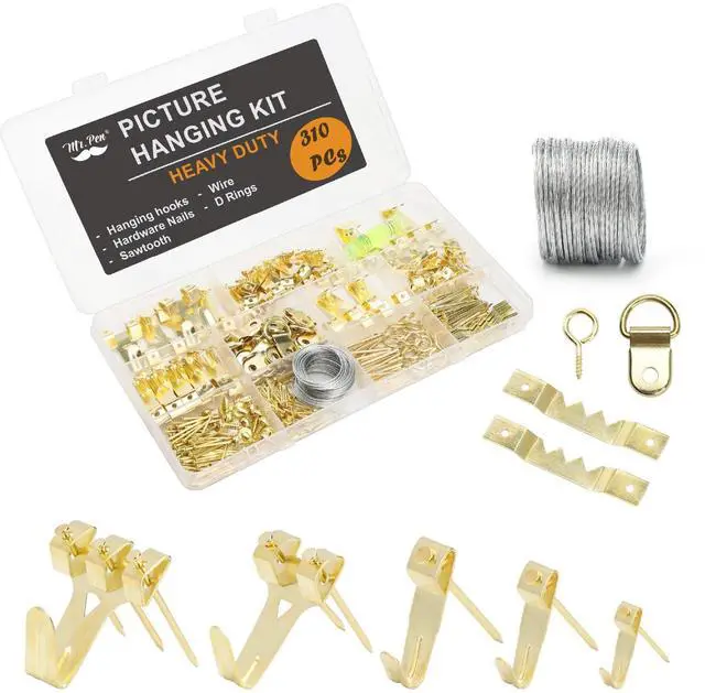 Main image of Mr. Pen Picture Hanging Kit 310 Pcs Gold Assorted Hooks with Nails, Sawtooth Hangers, D-Rings, Steel Wire, Ring Hooks, Home Wall Mount Hardware for Frames, Canvas, Decor