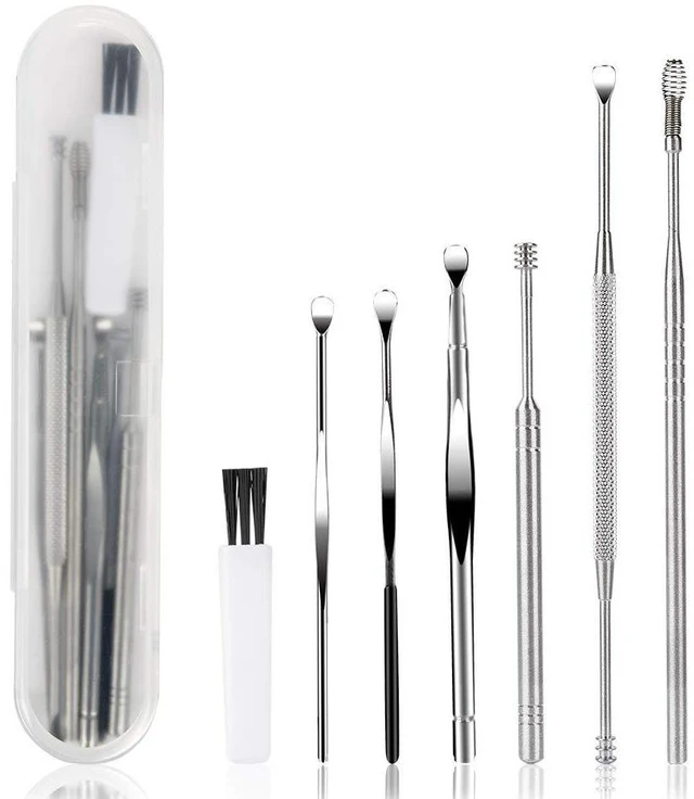 Main image of BetyBedy 7 Pcs Ear Pick Earwax Removal Kit, Ear Cleaning Tool Set with Curette, Brush and Storage Box, Silver