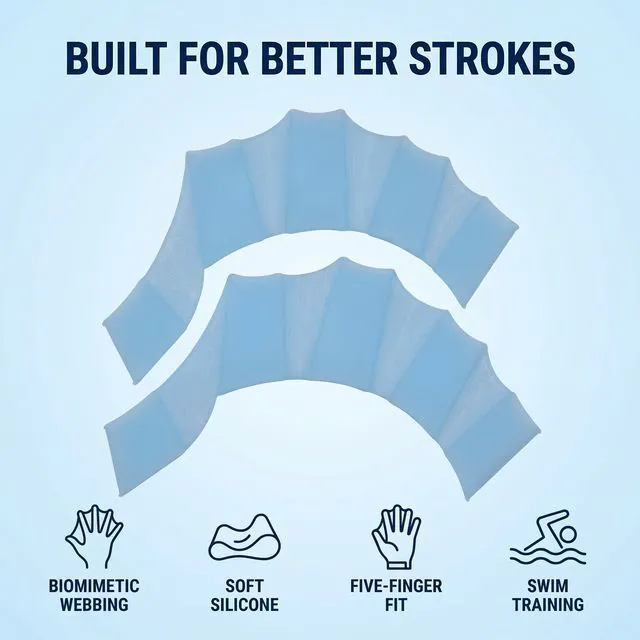 Alt view image 2 of 6 - 2Pcs Blue Silicone Swim Gloves Hand Webbed Flippers Training Fins Water Resistance Swimming Aquatic Gear