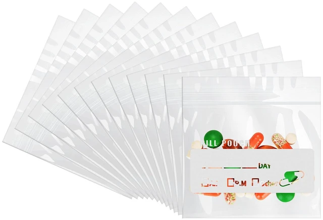 Main image of Urekt Pill Pouch Bags 120 Pack, 6 Mil BPA Free Reusable, 3 x 2.75 Inch, Clear Ziplock Seal Waterproof with Write-On Label, AM PM Medicine Organizer