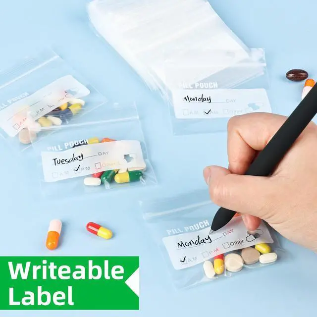 Alt view image 3 of 6 - Urekt Pill Pouch Bags 120 Pack, 6 Mil BPA Free Reusable, 3 x 2.75 Inch, Clear Ziplock Seal Waterproof with Write-On Label, AM PM Medicine Organizer