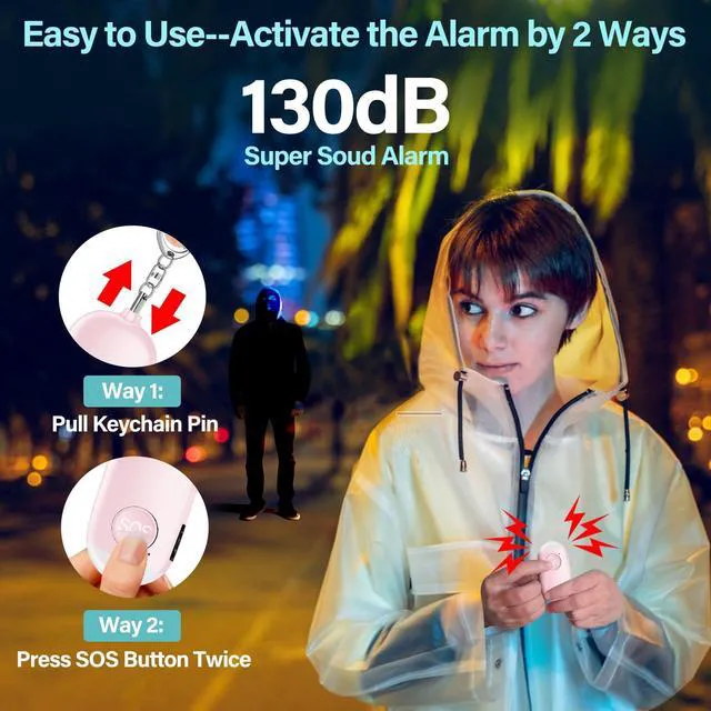 Alt view image 2 of 6 - Hion Personal Safety Alarm, 130dB Rechargeable Self Defense Keychain with LED Flashlight, Emergency Sound for Women Men Children Elderly College, Pink