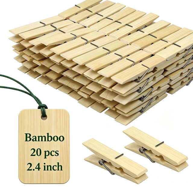 Main image of Natural Bamboo Clothespins 20-Pack, 2.4 Inch Heavy Duty Rust Resistant Spring Clips for Laundry, Crafts, Kitchen & Home Organization