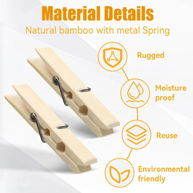 Alt view image 6 of 7 - Natural Bamboo Clothespins 20-Pack, 2.4 Inch Heavy Duty Rust Resistant Spring Clips for Laundry, Crafts, Kitchen & Home Organization