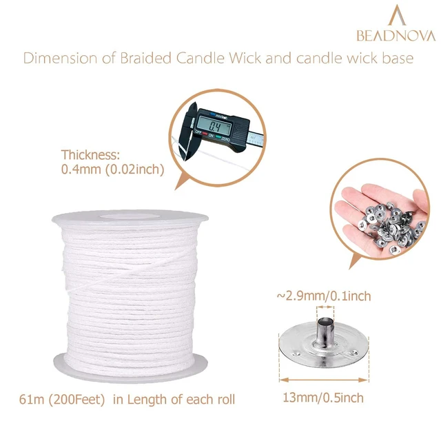 Alt view image 4 of 5 - BEADNOVA 200ft Braided Cotton Candle Wick Spool with Base Set and 300pcs Wick Clips Sustainer Tabs for DIY