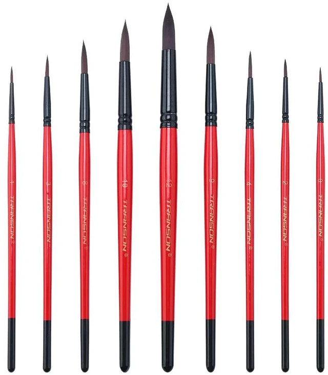 Alt view image 6 of 6 - Transon Round Paint Brush Set 9pcs Synthetic Sable Hair for Acrylic, Watercolor, Gouache, Ink, Craft and Detail Painting