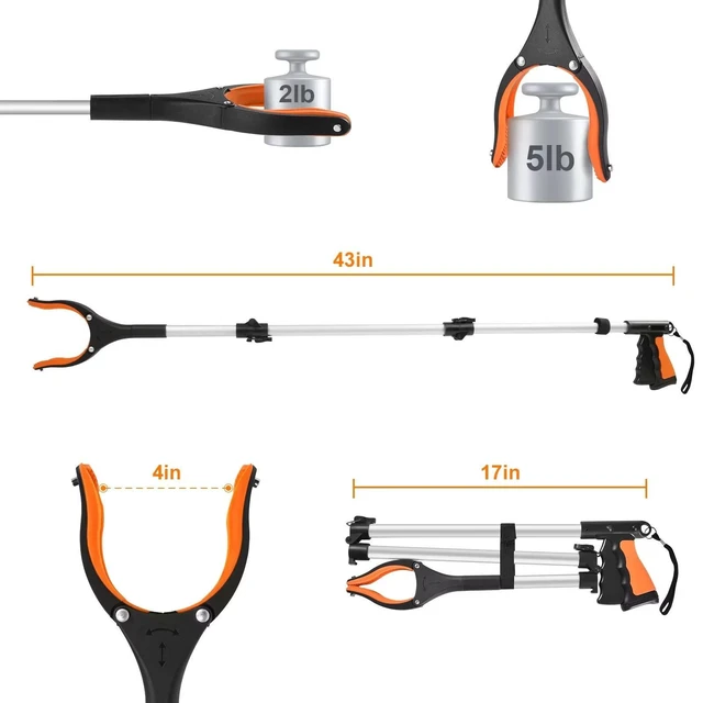 Alt view image 5 of 6 - 43" Extra Long Foldable Grabber Reacher Tool with Rotating Jaw and Magnets, 4" Wide Claw Opening Heavy Duty