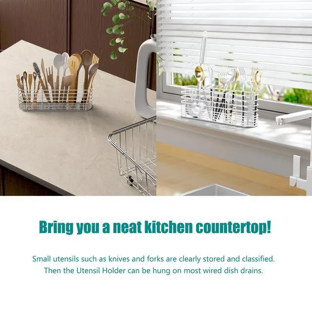 Alt view image 3 of 6 - NiuYichee 304 Stainless Steel Utensil Holder, Dish Drying Rack, Kitchen Utensil Organizer, Knife and Fork Drainage Rack, with Hooks, Rustproof, Silver